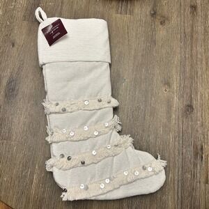 Found Fable Cream Christmas Stocking Fringe & Sequin Holiday Decoration‎ NWT